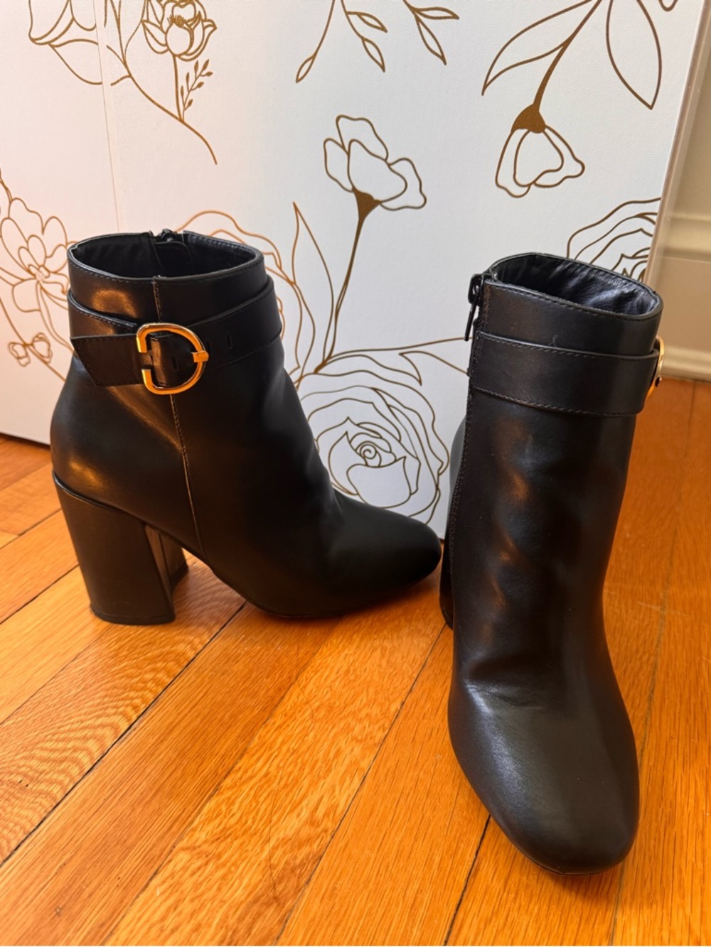Black (faux) Leather Ankle Boots with Gold Buckle